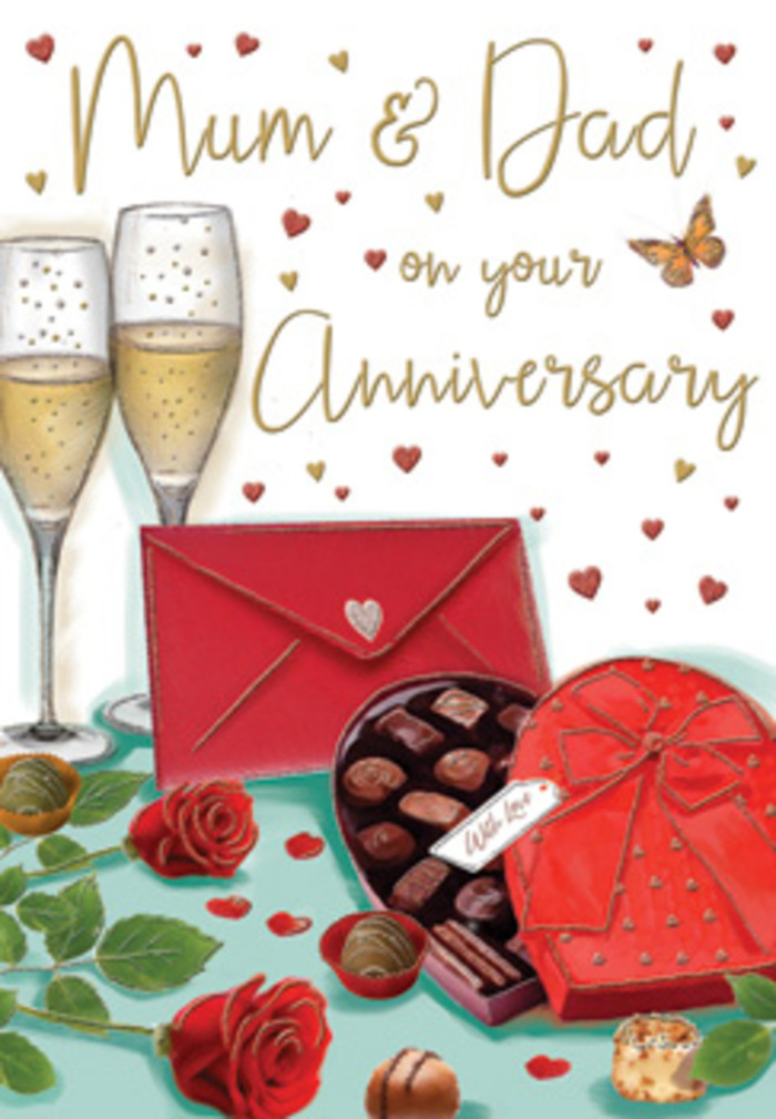This anniversary card features a richly detailed illustration that evokes the warmth of family celebrations so familiar across Barnet. At its centre, two tall champagne flutes rise side by side in quiet symmetry, each filled with a pale golden drink alive with delicate bubbles. The light appears to glance off the glass, creating tiny highlights that add depth and realism. Just below, dominating the foreground, sits an open heart-shaped box of chocolates. The box is a deep, romantic red, topped with an opulent bow crafted from wide satin ribbon that drapes gracefully over the lid. Inside, neatly arranged chocolates glisten with a soft sheen, while a few scattered pieces rest close by, giving the impression that the treats are already being shared. Two sumptuous red roses, nestled among fresh green leaves, lie along the edge of the box. Their petals are velvety, tightly layered at the centre and gently unfurling at the edges, much like the carefully selected stems you might receive from Barnet Florists for a special anniversary bouquet. Across the background, light golden and crimson hearts drift and twirl, adding movement and a festive note while subtly directing the eye toward a handwritten dedication for Mum & Dad. The lettering is loose and personal, as though written in a moment of reflection. To one side, a rich scarlet envelope rests, sealed and ready, hinting at intimate words of thanks and enduring love. The overall effect is one of indulgent yet homely celebration-champagne, chocolates, and roses gathered together in a composition that honours years of shared history and the comforting constancy of family life in Barnet.