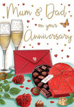 The artwork on this anniversary card offers a tender, romantic still life, reminiscent of an evening celebration in a Barnet living room set aside just for Mum & Dad. Two slim champagne flutes stand at the centre, filled with golden bubbly that rises in tiny streams, as if caught at the perfect moment before clinking together in a toast. In front of them, a heart-shaped chocolate box in a deep, classic red sits invitingly open. A lush bow made of wide satin ribbon crowns the box, its loops and trailing ribbons adding an elegant flourish. Inside, each chocolate is carefully illustrated, nestled in its own little space, while a few stray pieces rest on the table, suggesting leisurely shared treats. Alongside this, two richly coloured red roses recline on a bed of vibrant greenery. Their petals are drawn with delicate precision, layered and soft, conveying the fullness and texture of freshly cut blooms. Above and surrounding the composition, tiny hearts in shimmering gold and rich crimson float across the background, imparting a playful energy and framing the scene with gentle romance. A handwritten note to Mum & Dad curves through the design, its script informal and affectionate, as though written by a child now grown. To one side, a dark scarlet envelope lies sealed, promising a message full of love and gratitude within. The overall palette of reds, greens, and warm golds casts a cosy glow, conjuring the feeling of a special anniversary in Barnet-champagne poured, chocolates opened, flowers arranged, and time quietly dedicated to celebrating a lifetime shared together.